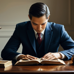 A focused individual, fully clothed in modest professional clothing, deeply engrossed in reading a classic magic book in a warmly lit, elegant study. A deck of playing cards and a simple, small prop are neatly arranged on a polished wooden desk beside them, suggesting active learning. The scene conveys deep concentration and intellectual discovery, with soft ambient light filtering through a window. The subject exhibits perfect anatomy, correct proportions, natural pose, well-formed hands, proper finger count, natural body proportions, safe for work, appropriate content, fully clothed, professional, family-friendly, appropriate attire, high-quality, ultra-detailed, professional photography.