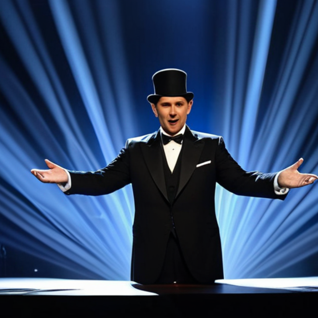 Magic & Psychology**
A brightly lit photograph of a magician, fully clothed in a classic tuxedo, performing a card trick on a small stage. The background includes audience members with expressions of wonder. The image should subtly incorporate elements symbolizing psychology, such as a faint brain outline or optical illusion pattern in the background. Safe for work, appropriate content, perfect anatomy, correct proportions, well-formed hands, professional.
**