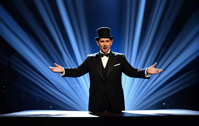 Magic & Psychology**

A brightly lit photograph of a magician, fully clothed in a classic tuxedo, performing a card trick on a small stage. The background includes audience members with expressions of wonder. The image should subtly incorporate elements symbolizing psychology, such as a faint brain outline or optical illusion pattern in the background. Safe for work, appropriate content, perfect anatomy, correct proportions, well-formed hands, professional.

**