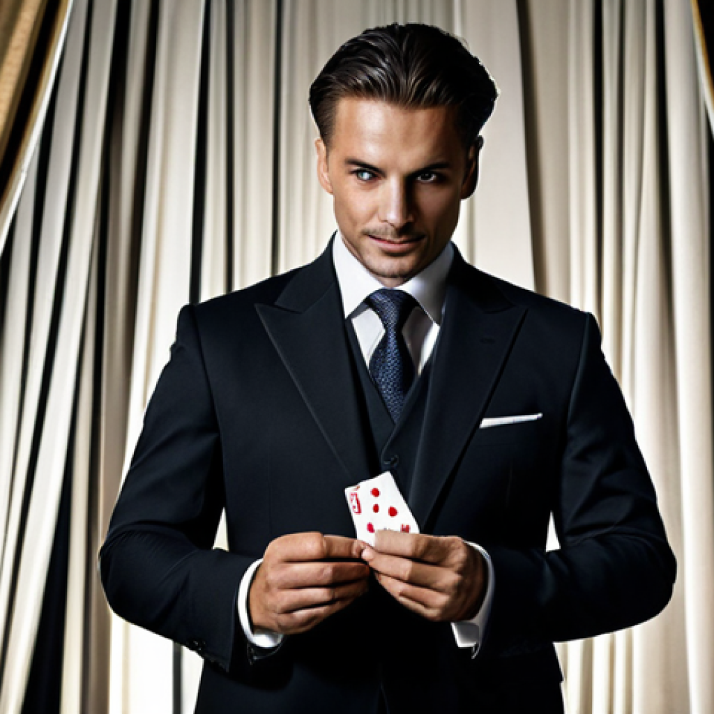 **
A professional magician in a modest suit, performing a close-up magic trick with playing cards. The background is a dimly lit stage with elegant curtains. Fully clothed, appropriate attire, safe for work, perfect anatomy, natural proportions, professional photography, high quality, family-friendly.
**