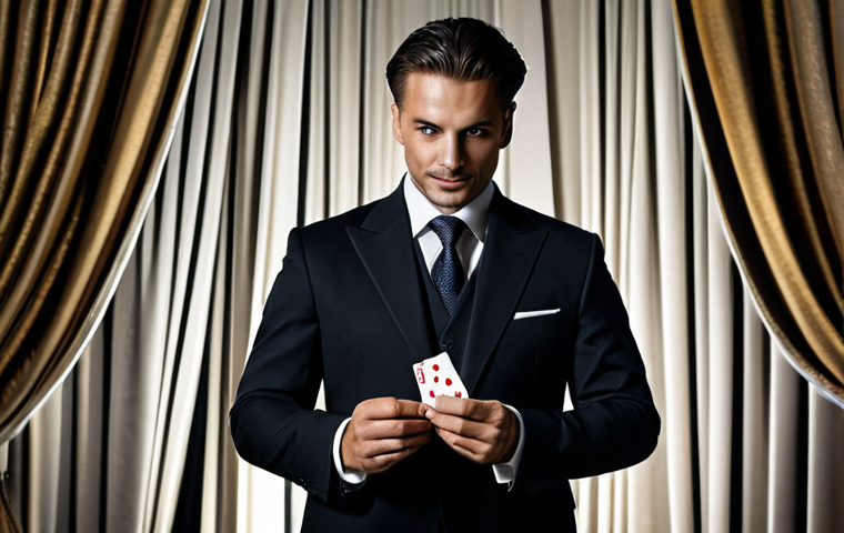 **

A professional magician in a modest suit, performing a close-up magic trick with playing cards. The background is a dimly lit stage with elegant curtains. Fully clothed, appropriate attire, safe for work, perfect anatomy, natural proportions, professional photography, high quality, family-friendly.

**