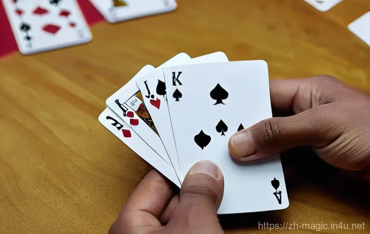 마술 카드 잘 다루는 법 - **Prompt:** A close-up, medium shot of a person's hands delicately holding a deck of playing cards, ...