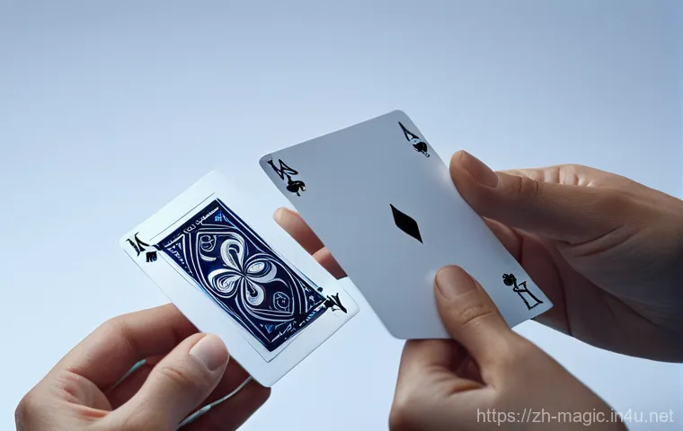 마술 카드 잘 다루는 법 - **Prompt:** A close-up, medium shot of a person's hands delicately holding a deck of playing cards, ...