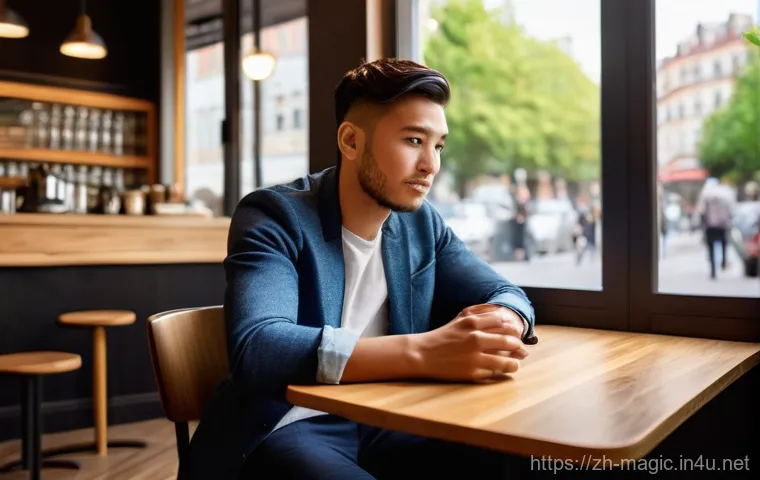 마술 전문가 조언 - A young, charismatic individual, dressed in a stylish, modern casual outfit, sits discreetly at a ta...