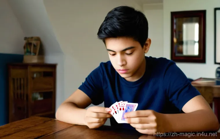 마술 리허설 - **A young, diverse teenager (around 15 years old), dressed in casual, age-appropriate attire like a ...