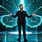 마술과 예술적 표현 - **Digital Magician on a Futuristic Stage:** A male magician, dressed in a sleek, dark, modern suit w...