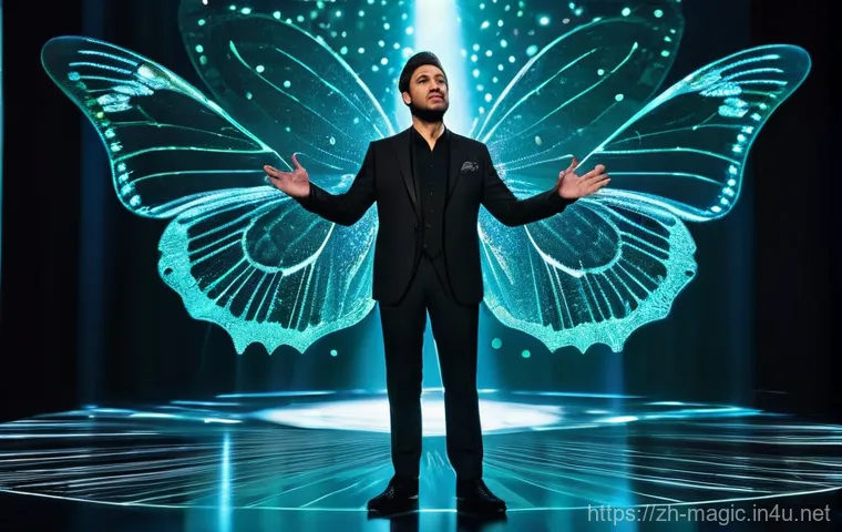 마술과 예술적 표현 - **Digital Magician on a Futuristic Stage:** A male magician, dressed in a sleek, dark, modern suit w...