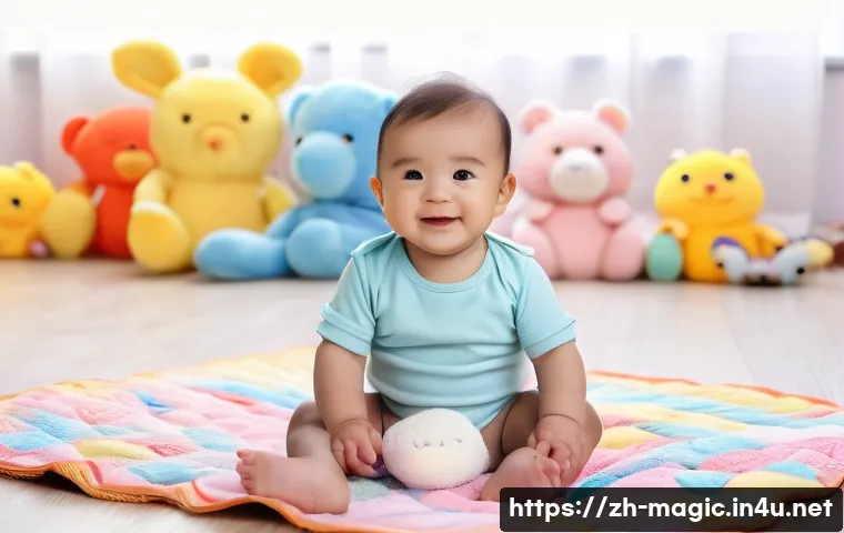 마술 연습기구 - **Prompt:** A cute baby wearing a diaper, sitting on a colorful playmat. The baby is surrounded by s...