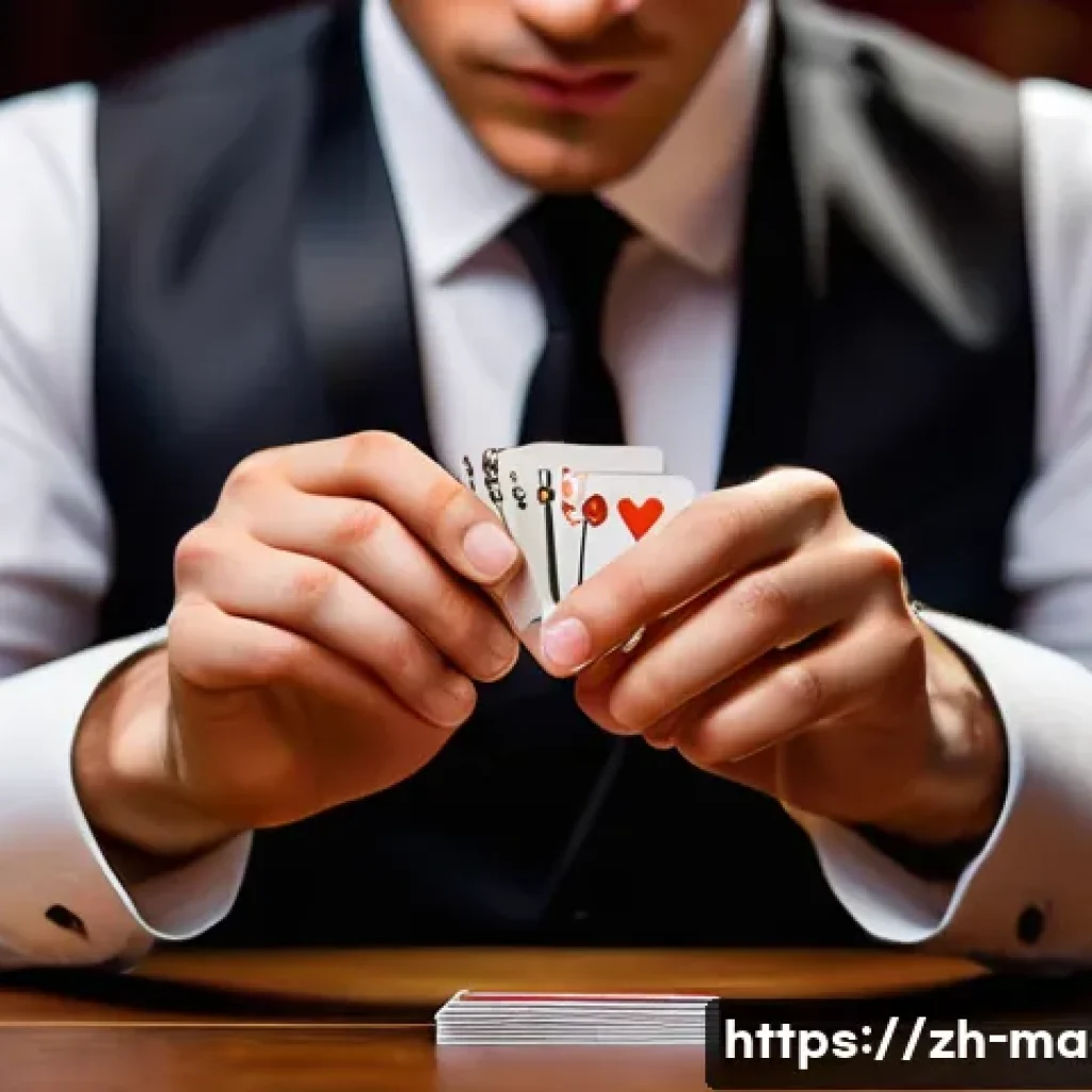 마술 카드 - A close-up scene of a skilled magician performing a classic false shuffle with a deck of playing car...