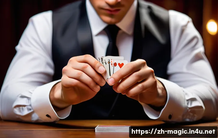 마술 카드 - A close-up scene of a skilled magician performing a classic false shuffle with a deck of playing car...