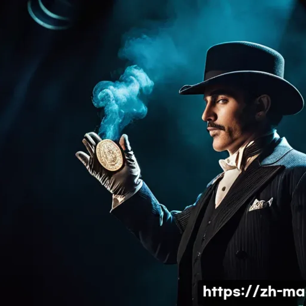 마술의 신비함 - A detailed stage scene showcasing a classic Western-style magic performance with dramatic lighting a...