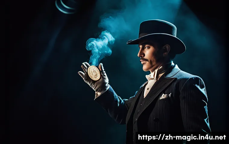 마술의 신비함 - A detailed stage scene showcasing a classic Western-style magic performance with dramatic lighting a...