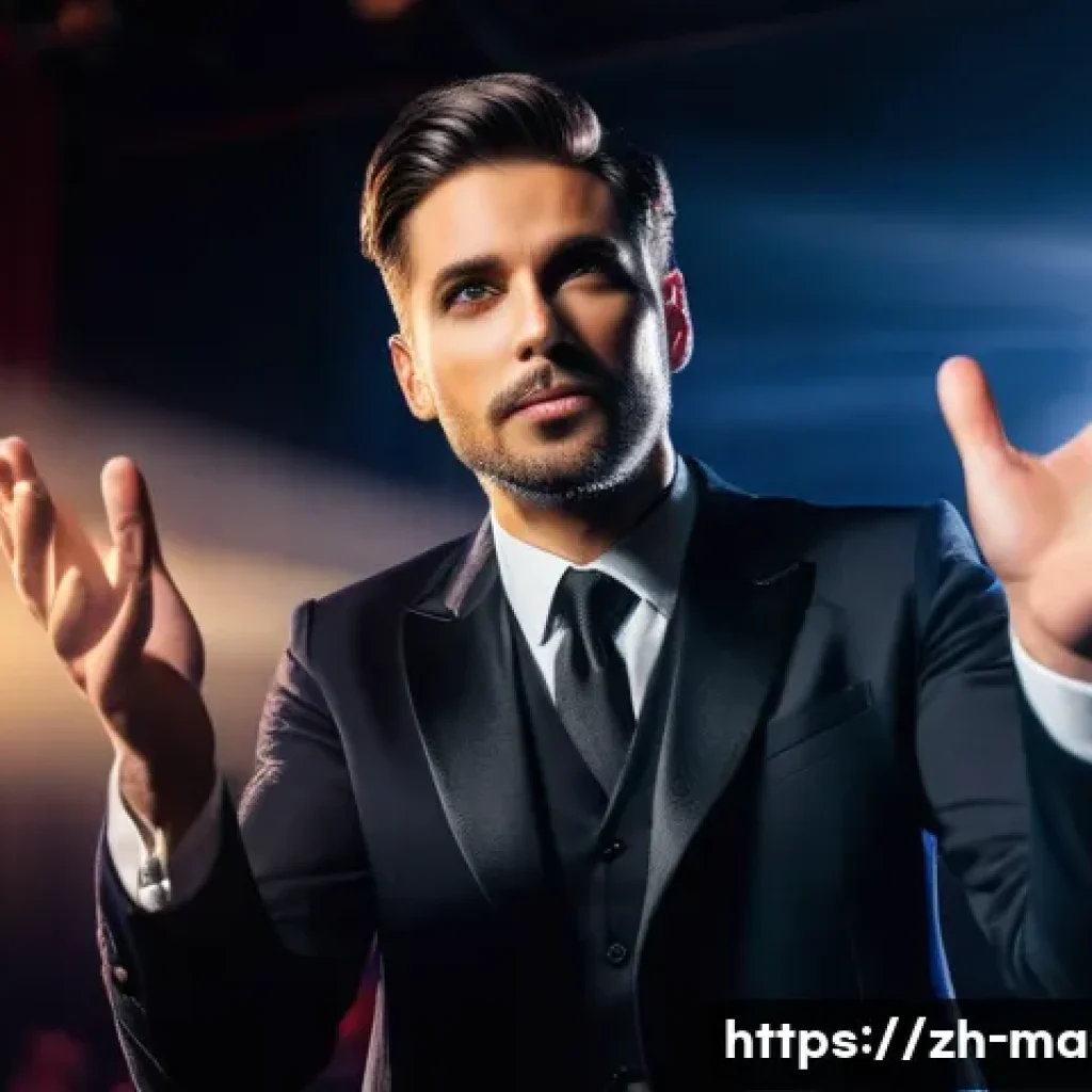 마술 공연 테크닉 - A skilled magician performing on stage in a modern theater, wearing elegant dark clothing with subtl...