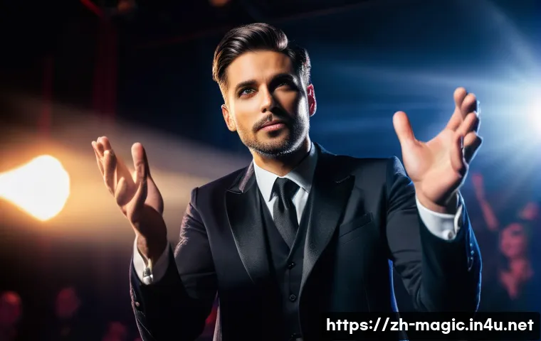 마술 공연 테크닉 - A skilled magician performing on stage in a modern theater, wearing elegant dark clothing with subtl...