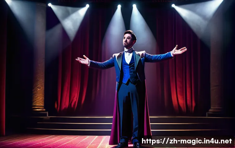 마술 공연의 기법과 기획 - A dynamic stage scene featuring a magician performing a captivating illusion under sophisticated lig...