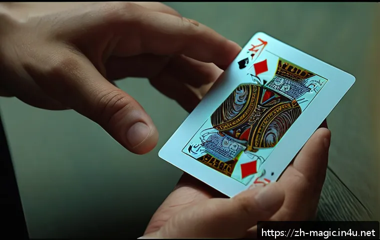 마술 학원 - A close-up scene of a magician’s hands skillfully performing a “false shuffle” with soft-textured pl...