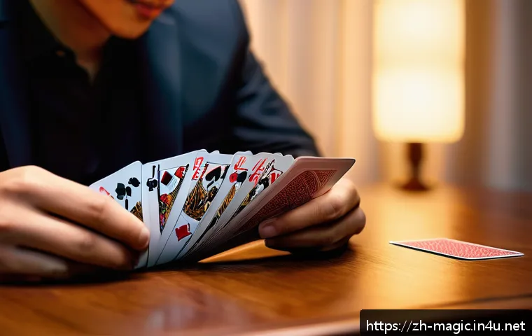 마술 입문자 필수 아이템 - A close-up scene of a beginner magician practicing with a deck of playing cards on a wooden table un...