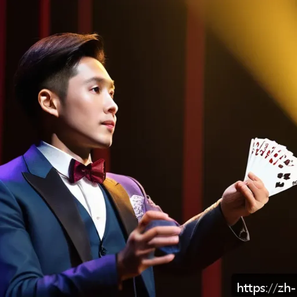 마술 연습 팁 - A skilled magician performing a card trick on stage, wearing stylish formal attire with a well-fitte...