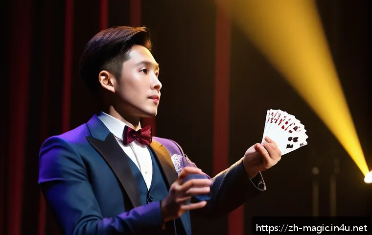마술 연습 팁 - A skilled magician performing a card trick on stage, wearing stylish formal attire with a well-fitte...