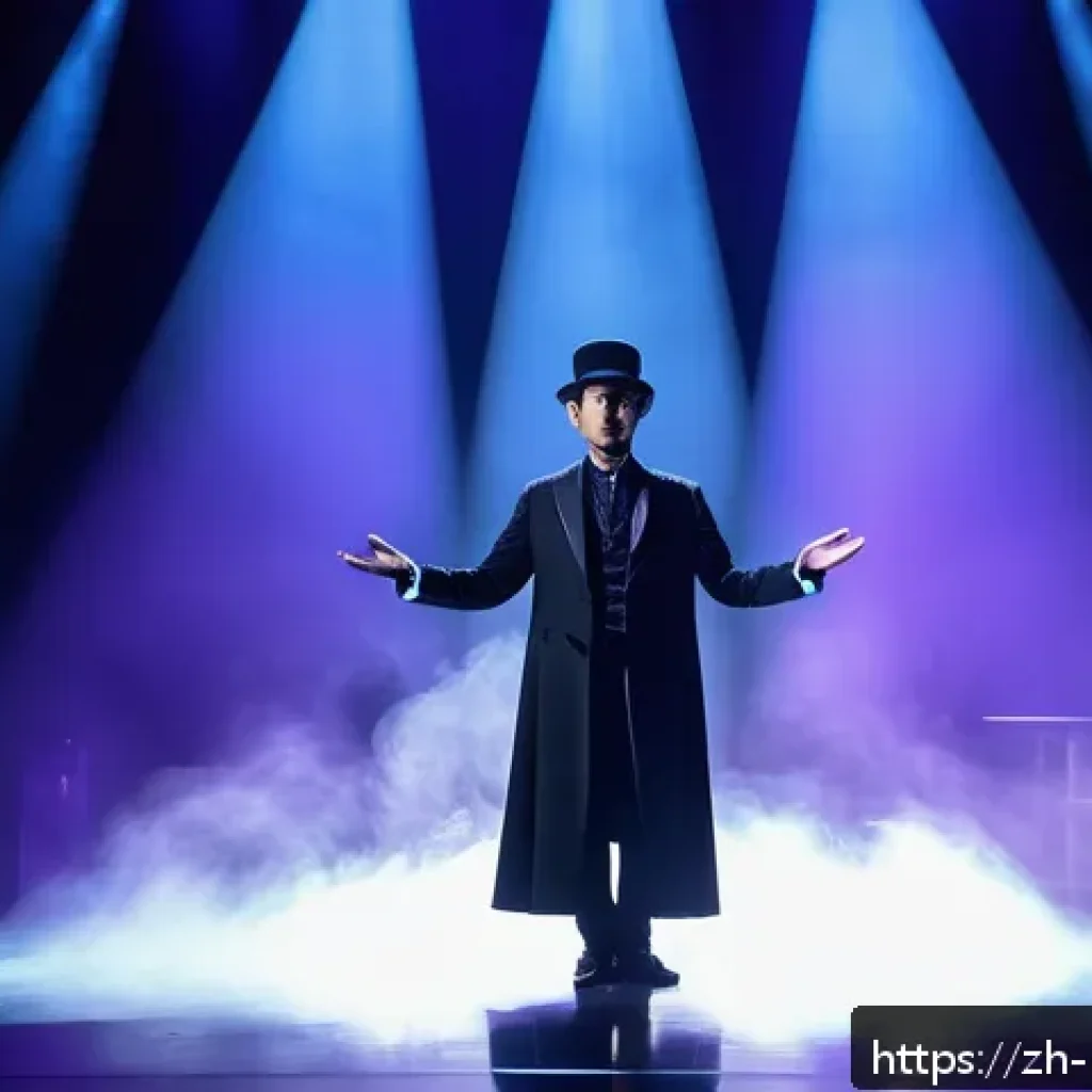 마술 대회 팁 - A modern magician on stage creating a mysterious atmosphere during the opening act, illuminated by s...