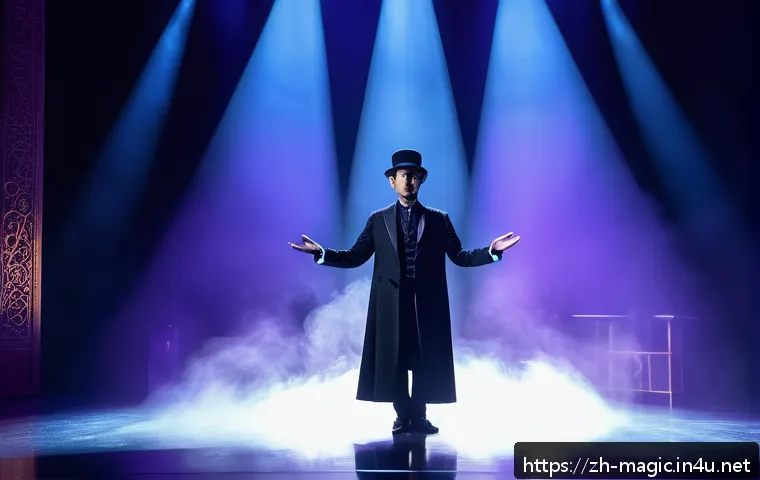 마술 대회 팁 - A modern magician on stage creating a mysterious atmosphere during the opening act, illuminated by s...