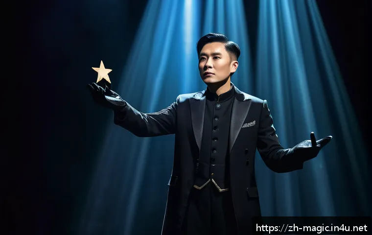 마술을 위한 소품 - A stage magician performing an illusion in a dark environment, skillfully using directed light beams...