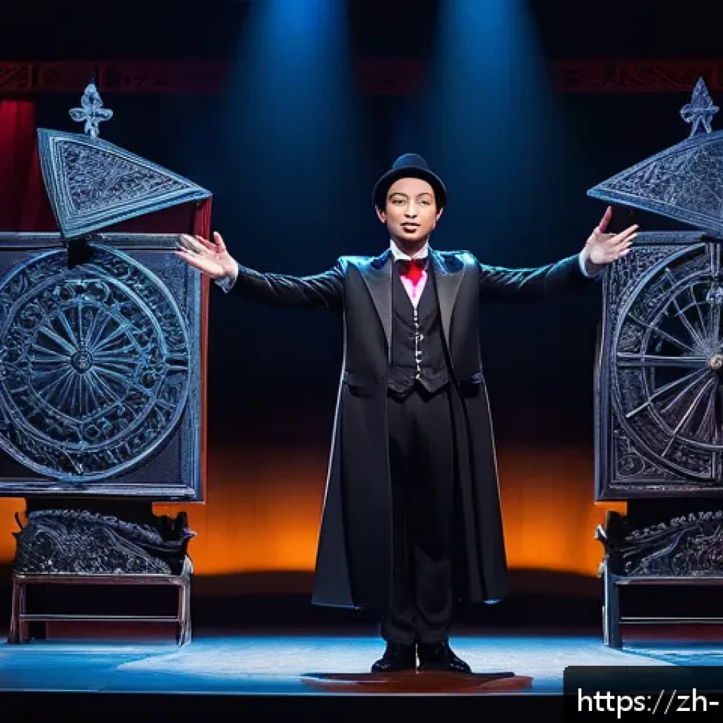 마술 변환 기법 - A highly detailed stage magic performance scene showcasing the clever use of perspective illusions: ...