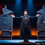 마술 변환 기법 - A highly detailed stage magic performance scene showcasing the clever use of perspective illusions: ...