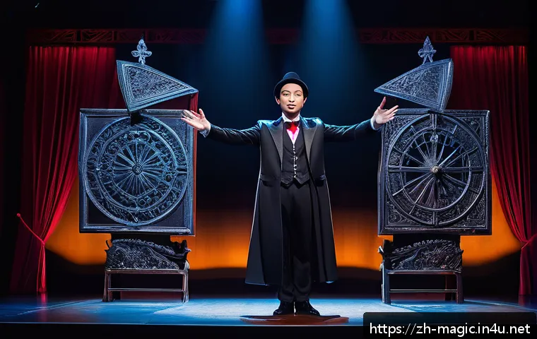 마술 변환 기법 - A highly detailed stage magic performance scene showcasing the clever use of perspective illusions: ...