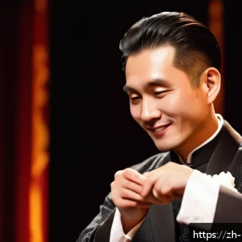 마술 도구와 소품 리뷰 - A skilled magician performing a close-up coin vanish trick on stage, wearing elegant attire with a s...