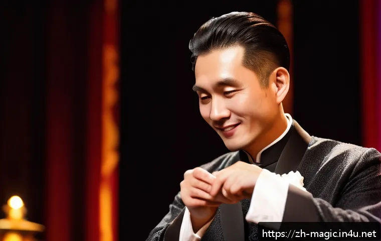 마술 도구와 소품 리뷰 - A skilled magician performing a close-up coin vanish trick on stage, wearing elegant attire with a s...