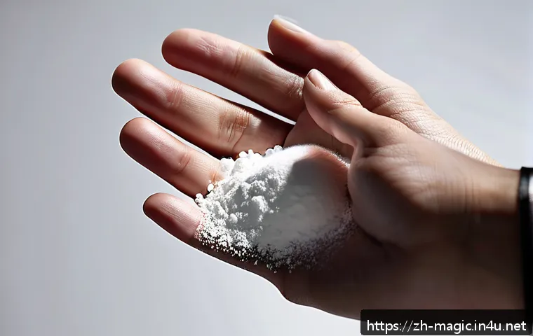 마술 파우더 - A close-up scene of a magician’s hands skillfully applying ultra-fine, white talcum magic powder to ...