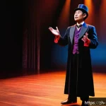 마술의 심리적 요소 - A sophisticated magician performing on stage with vibrant, contrasting lighting that casts dramatic ...