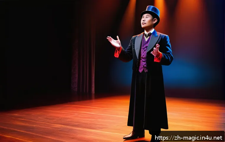 마술의 심리적 요소 - A sophisticated magician performing on stage with vibrant, contrasting lighting that casts dramatic ...
