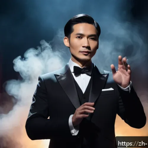 마술 대회에서의 팁 - A confident magician standing center stage with a sleek black tuxedo, engaging in intense eye contac...
