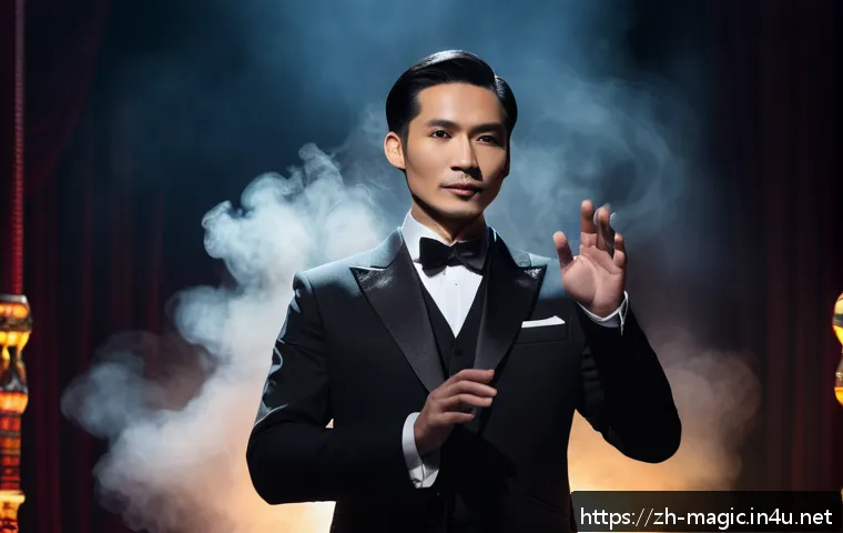마술 대회에서의 팁 - A confident magician standing center stage with a sleek black tuxedo, engaging in intense eye contac...