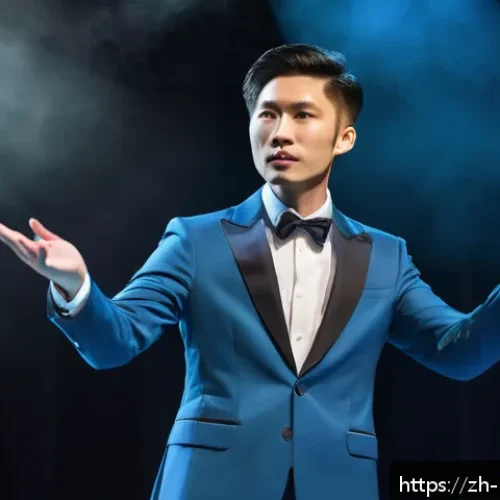 마술을 통해 배우는 자신감 - A confident young Chinese magician performing on stage with elegant hand gestures and expressive eye...