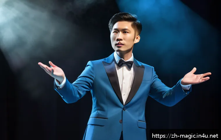 마술을 통해 배우는 자신감 - A confident young Chinese magician performing on stage with elegant hand gestures and expressive eye...