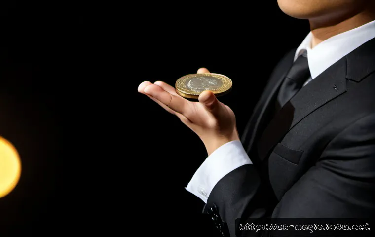 마술 테크닉 - Photorealistic close-up of a skilled stage magician performing an elegant coin vanish, both hands sh...