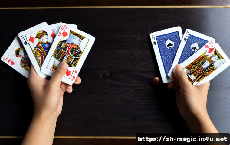 마술 카드 덱 추천 - Photorealistic overhead view of three elegant unbranded magic card decks arranged on a polished dark...